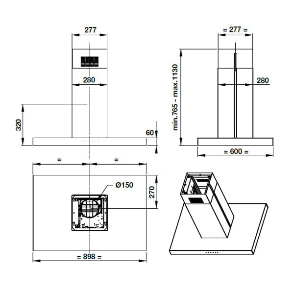 hình ảnh bản vẽ Máy Hút Khói Khử Mùi Malloca CONCRETE K-400 Đảo