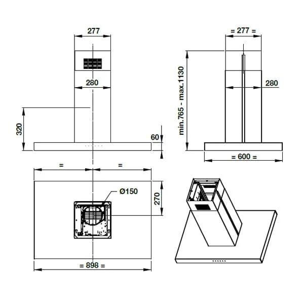 hình ảnh bản vẽ Máy Hút Khói Khử Mùi Malloca CONCRETE K-400 Đảo