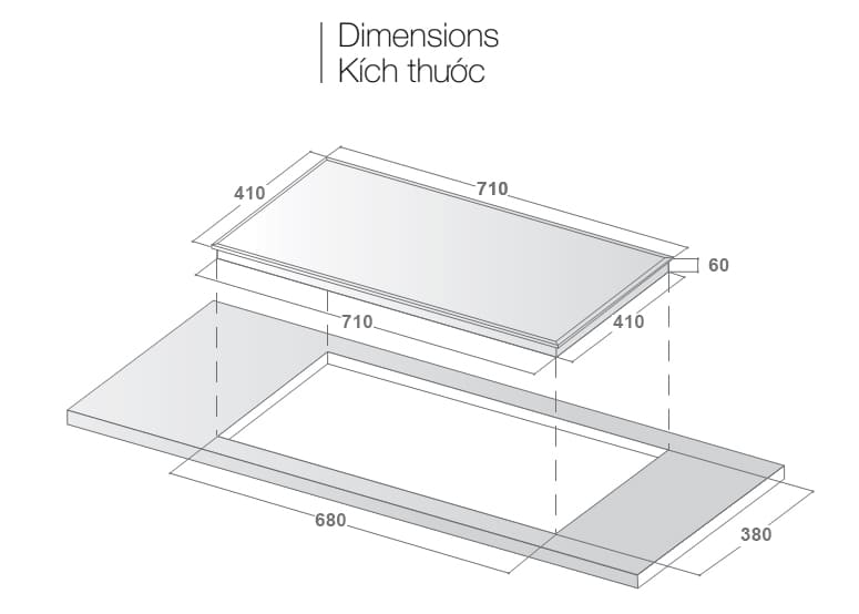 Hình ảnh bản vẽ kỹ thuật Bếp Điện Từ Hafele HC-IHH80A 539.66.698 Kết Hợp Hút Mùi 2 Vùng Nấu 