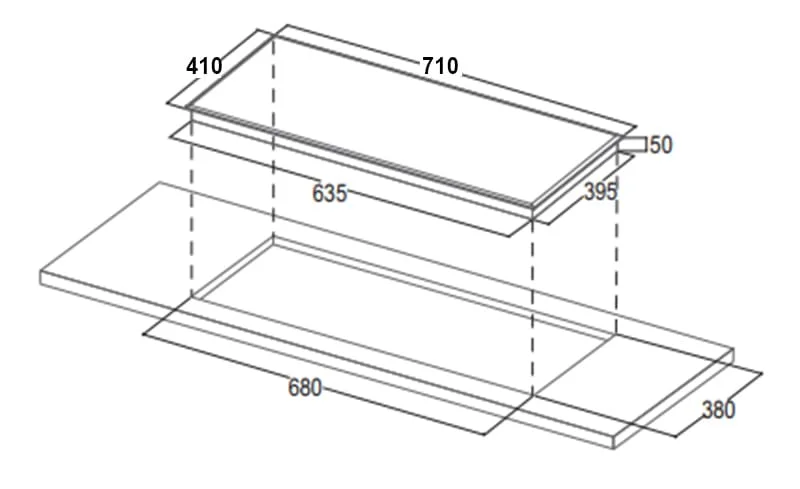Hình ảnh bản vẽ kỹ thuật Bếp Điện Từ Hafele HC-IHH80A 539.66.698 Kết Hợp Hút Mùi 2 Vùng Nấu 