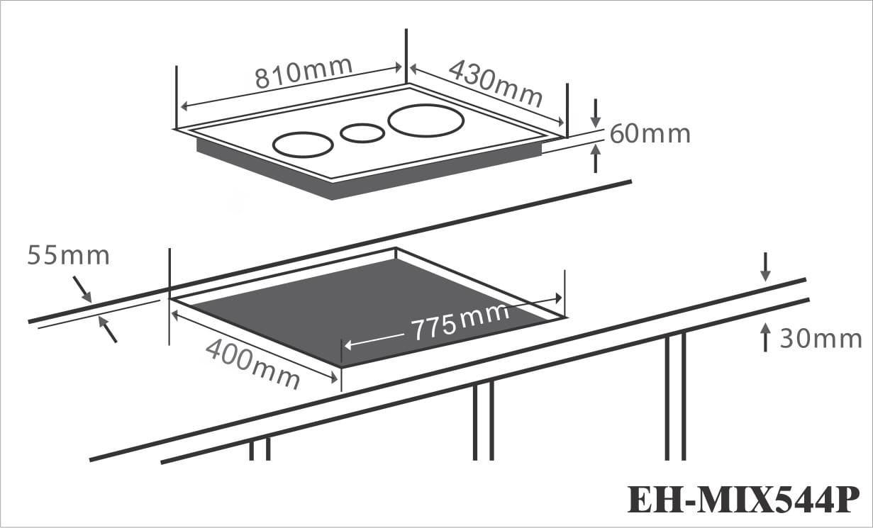Hình ảnh bản vẽ kỹ thuật BẾP ĐIỆN TỪ CHEFS EH-MIX545 3 Vùng Nấu