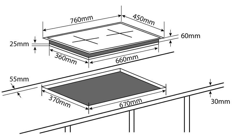Hình ảnh bản vẽ kỹ thuật BẾP ĐIỆN TỪ CHEFS EH-MIX545 3 Vùng Nấu