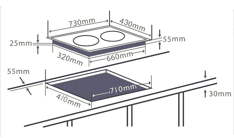 Hình ảnh bản vẽ kỹ thuật BẾP ĐIỆN TỪ CHEFS EH-MIX545 3 Vùng Nấu