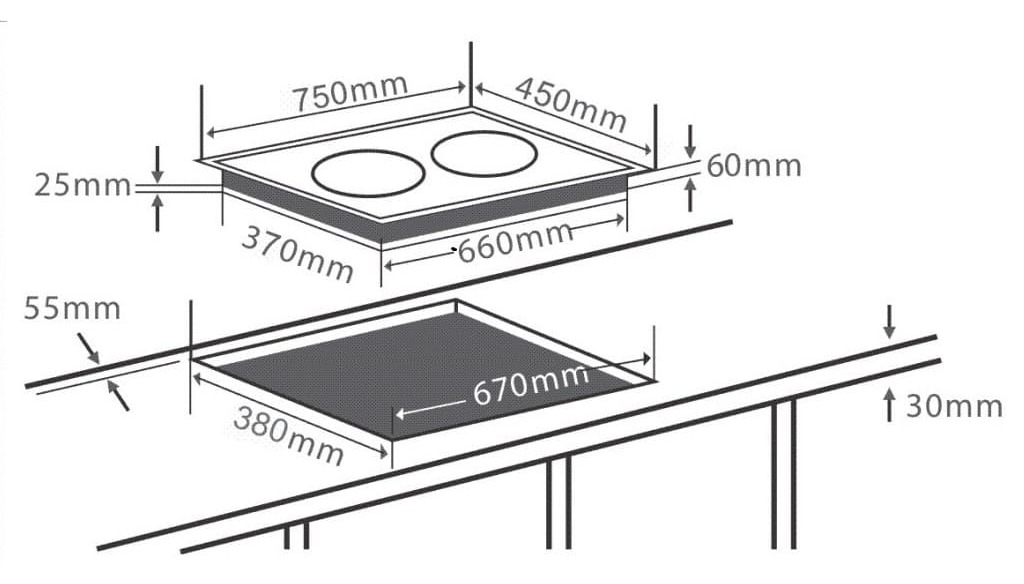 Hình ảnh bản vẽ kỹ thuật BẾP ĐIỆN TỪ CHEFS EH-MIX545 3 Vùng Nấu
