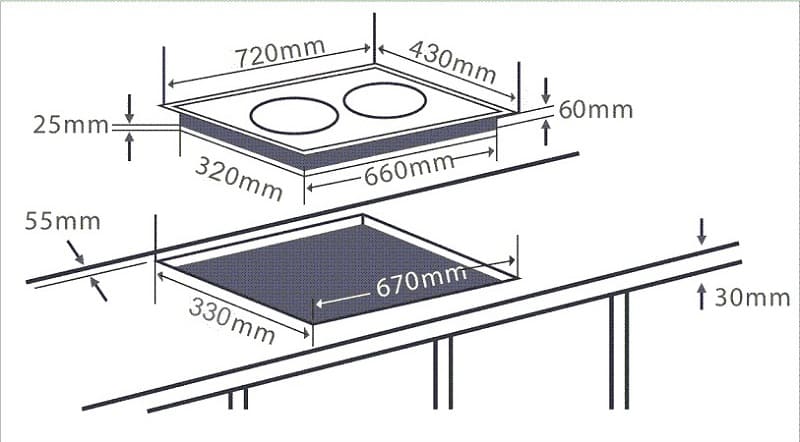 Hình ảnh bản vẽ kỹ thuật BẾP ĐIỆN TỪ CHEFS EH-MIX545 3 Vùng Nấu