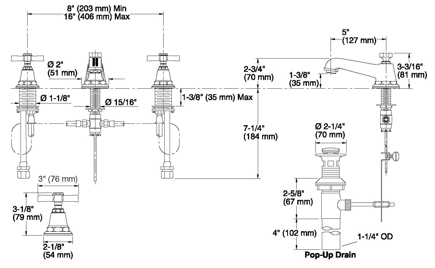 Bản vẽ kỹ thuật vòi lavabo Kohler Pinstripe K-13132-3A-CP