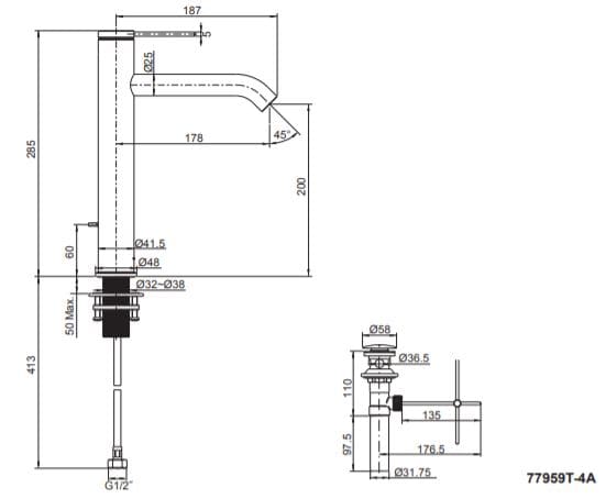 Bản vẽ kỹ thuật vòi chậu rửa cao Kohler Components K-77959T-4AMU-BL