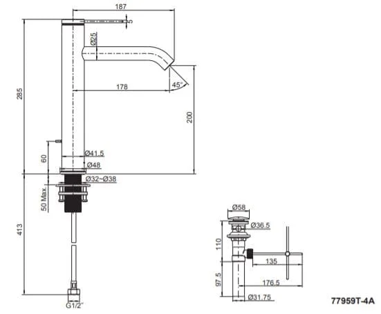 Bản vẽ kỹ thuật vòi chậu rửa cao Kohler Components K-77959T-4AMU-BL
