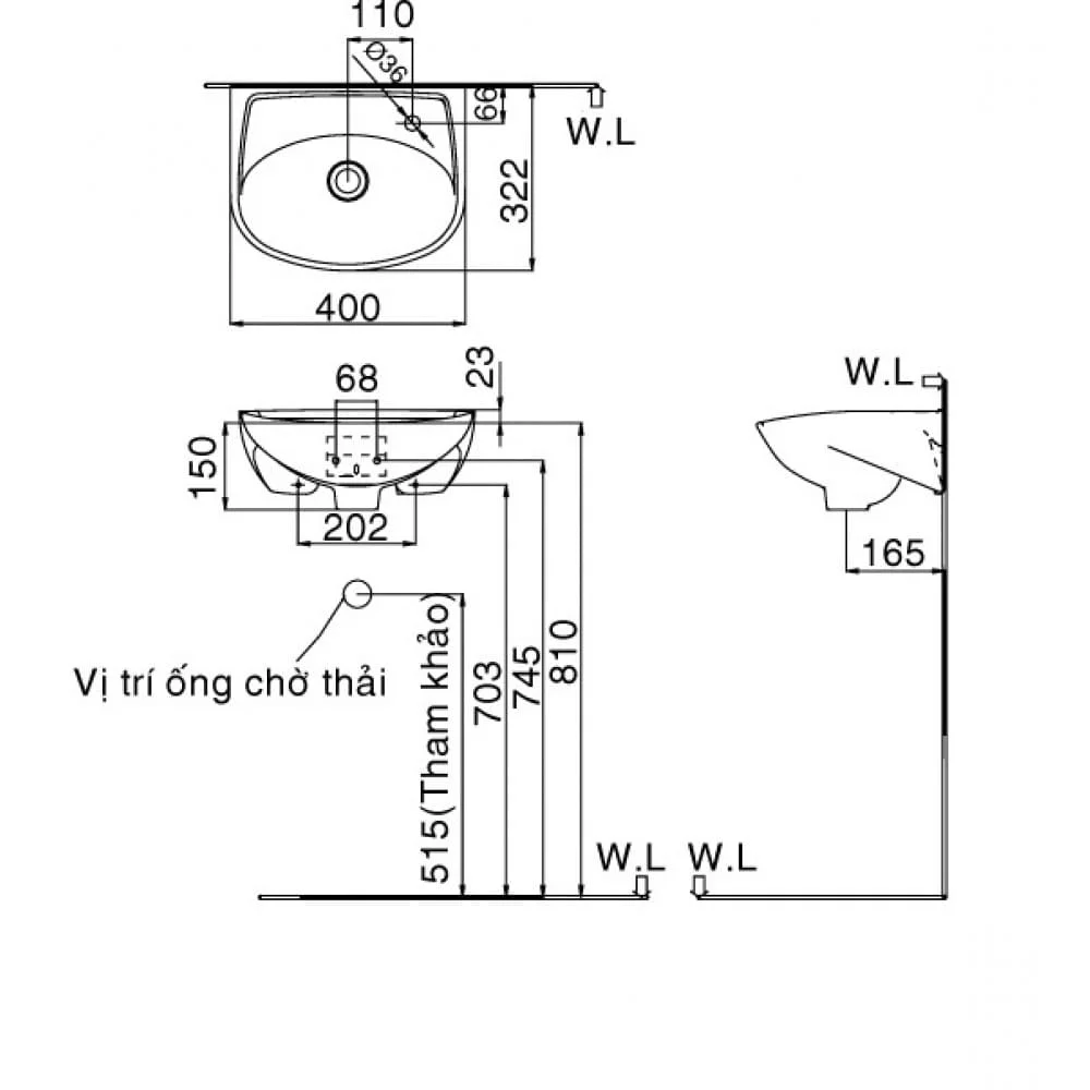 hình ảnh bản vẽ kỹ thuật Chậu rửa mặt treo tường Inax L-280V