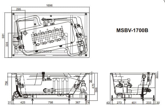 hình ảnh bản vẽ kỹ thuật Bồn tắm massage Inax MSBV-1700B
