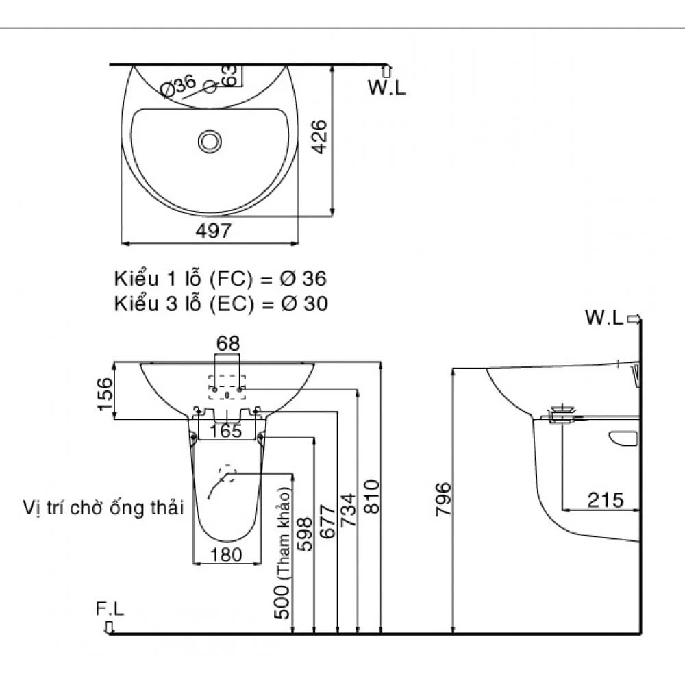 Hình ảnh bản vẽ kỹ thuật Chậu rửa mặt treo tường Inax L-285V