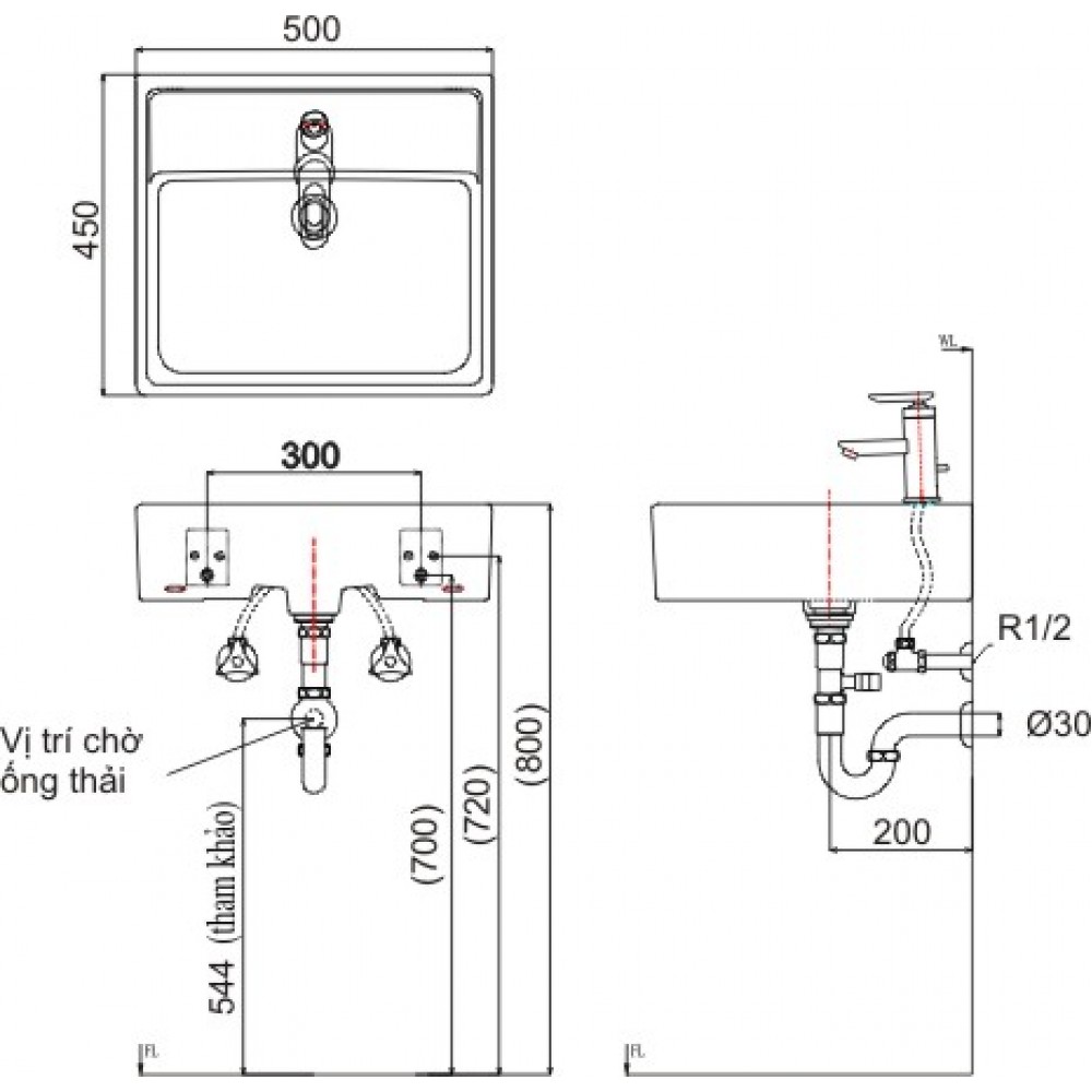 Hình ảnh bản vẽ kỹ thuật Chậu rửa mặt đặt bàn vuông Inax L-293V