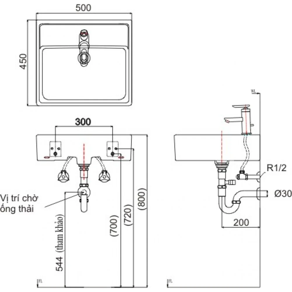Hình ảnh bản vẽ kỹ thuật Chậu rửa mặt đặt bàn vuông Inax L-293V