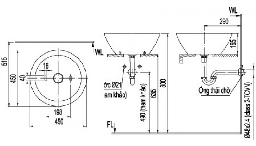 Bản vẽ kỹ thuật Chậu rửa mặt bàn đá tròn Inax L-445V
