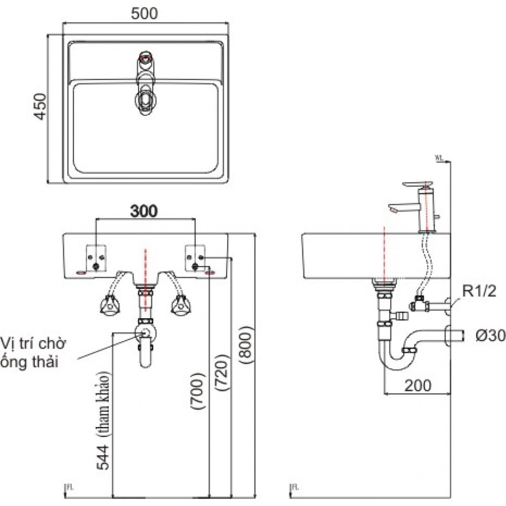 Hình ảnh bản vẽ kỹ thuật Chậu rửa mặt đặt bàn vuông Inax AL-293V