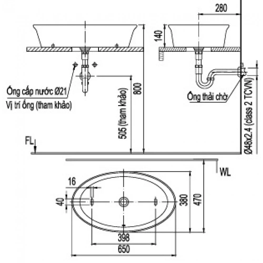 Hình ảnh bản vẽ kỹ thuật Chậu rửa mặt bàn đá ovan Inax AL-300V