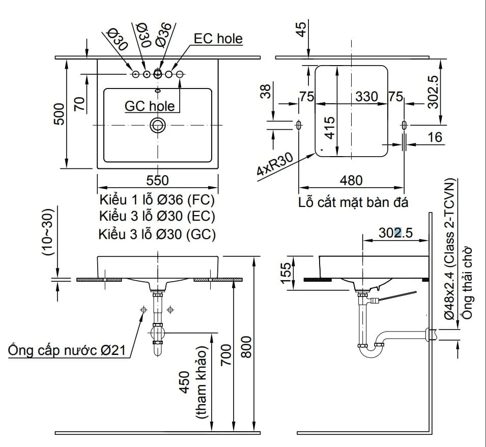 hình ảnh bản vẽ kỹ thuật Chậu rửa mặt đặt bàn vuông Inax AL-536V