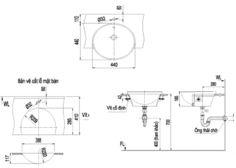 hình ảnh bản vẽ kỹ thuật Chậu rửa mặt bán âm tròn Inax AL-333V