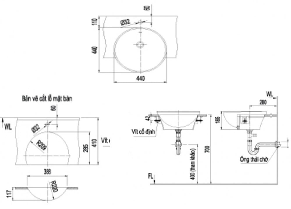 Hình ảnh bản vẽ kỹ thuật Chậu rửa mặt bán âm bàn đá tròn Inax L-333V 