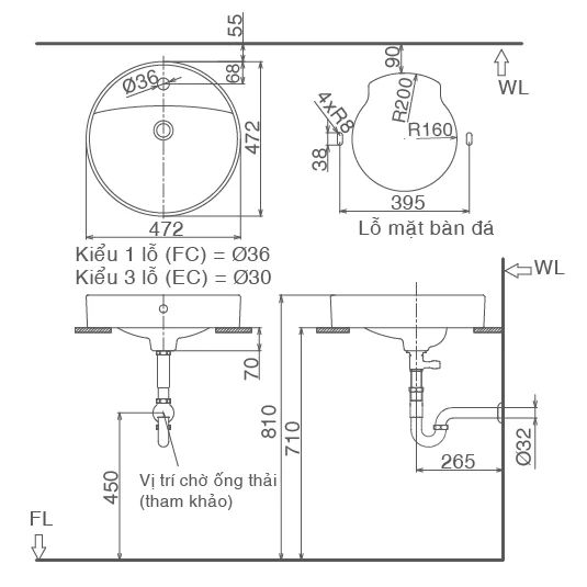 hình ảnh bản vẽ kỹ thuật Chậu rửa mặt bàn đá tròn Inax L-294V (EC/FC)