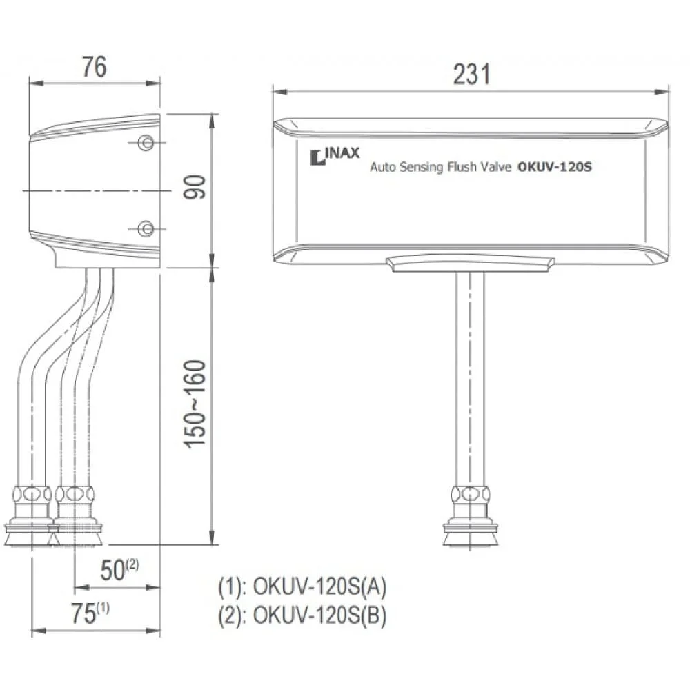 Hỉnh ảnh bản vẽ kỹ thuật Van Xả Tiểu Cảm Ứng Inax OKUV-120S(A/B) Dùng Pin