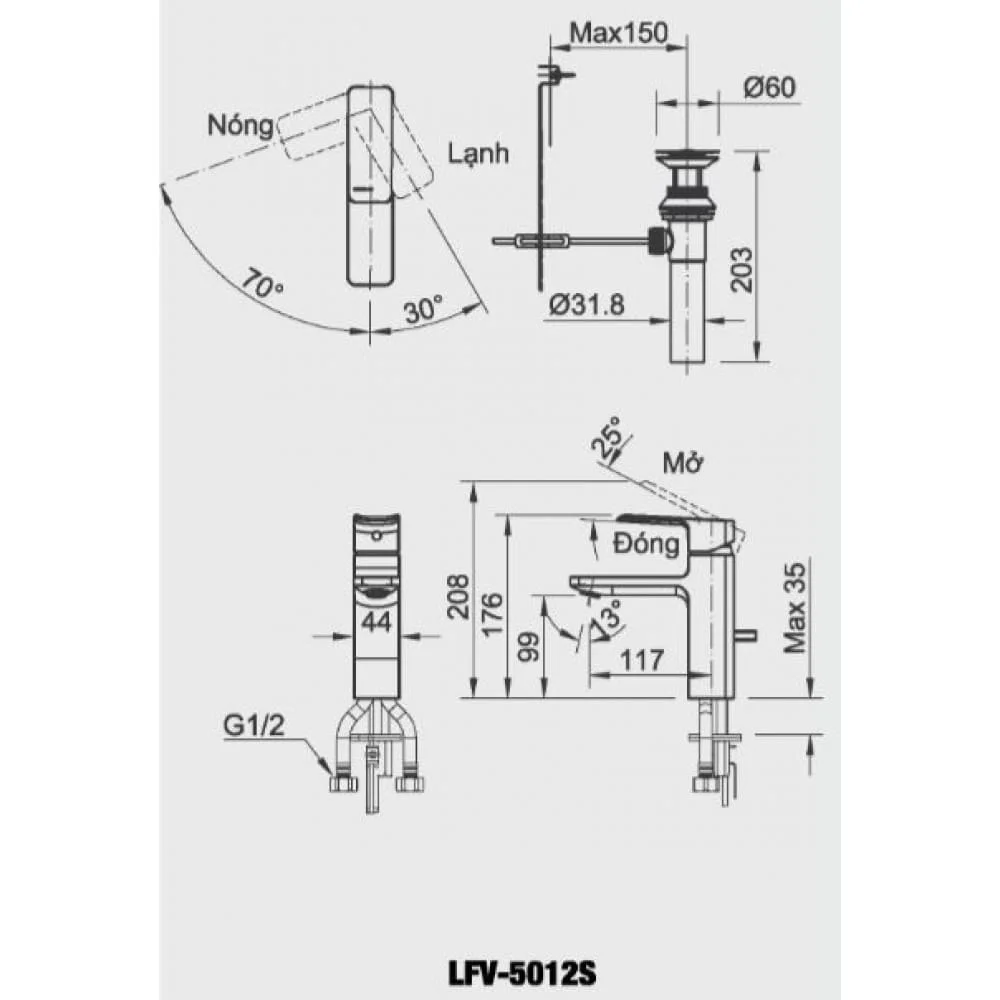 Hình ảnh bản vẽ kỹ thuật Vòi Chậu Rửa Mặt INAX LFV-5012S