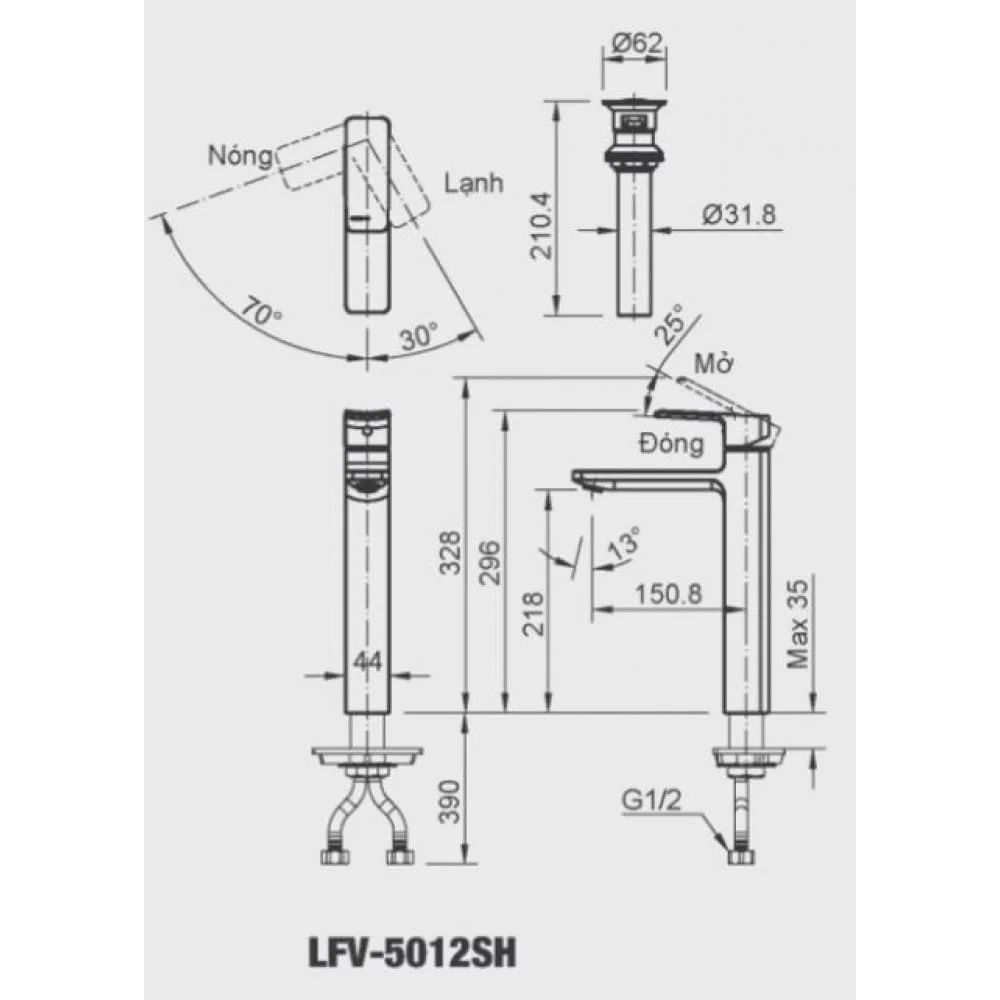Hình ảnh bản vẽ kỹ thuật Vòi Chậu Rửa Mặt INAX LFV-5012SH