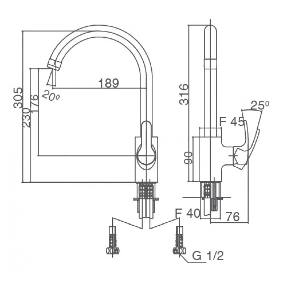 Hình ảnh bản vẽ kỹ thuật Vòi rửa bát nóng lạnh INAX SFV-802S