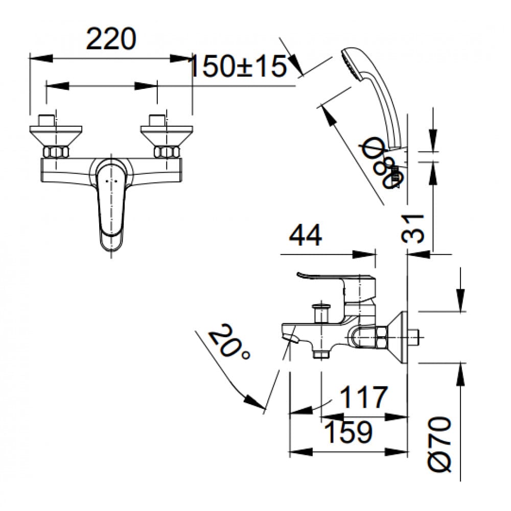 Hình ảnh bản vẽ kỹ thuật Sen tắm nóng lạnh INAX BFV-2013S