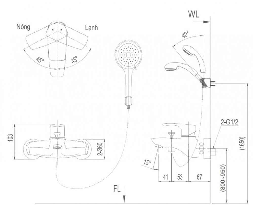 bản vẽ kỹ thuật Sen tắm nóng lạnh INAX BFV-213S-3C