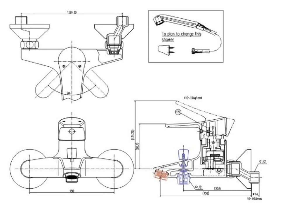 Hình ảnh bản vẽ kỹ thuật Sen tắm nóng lạnh INAX BFV-1003S