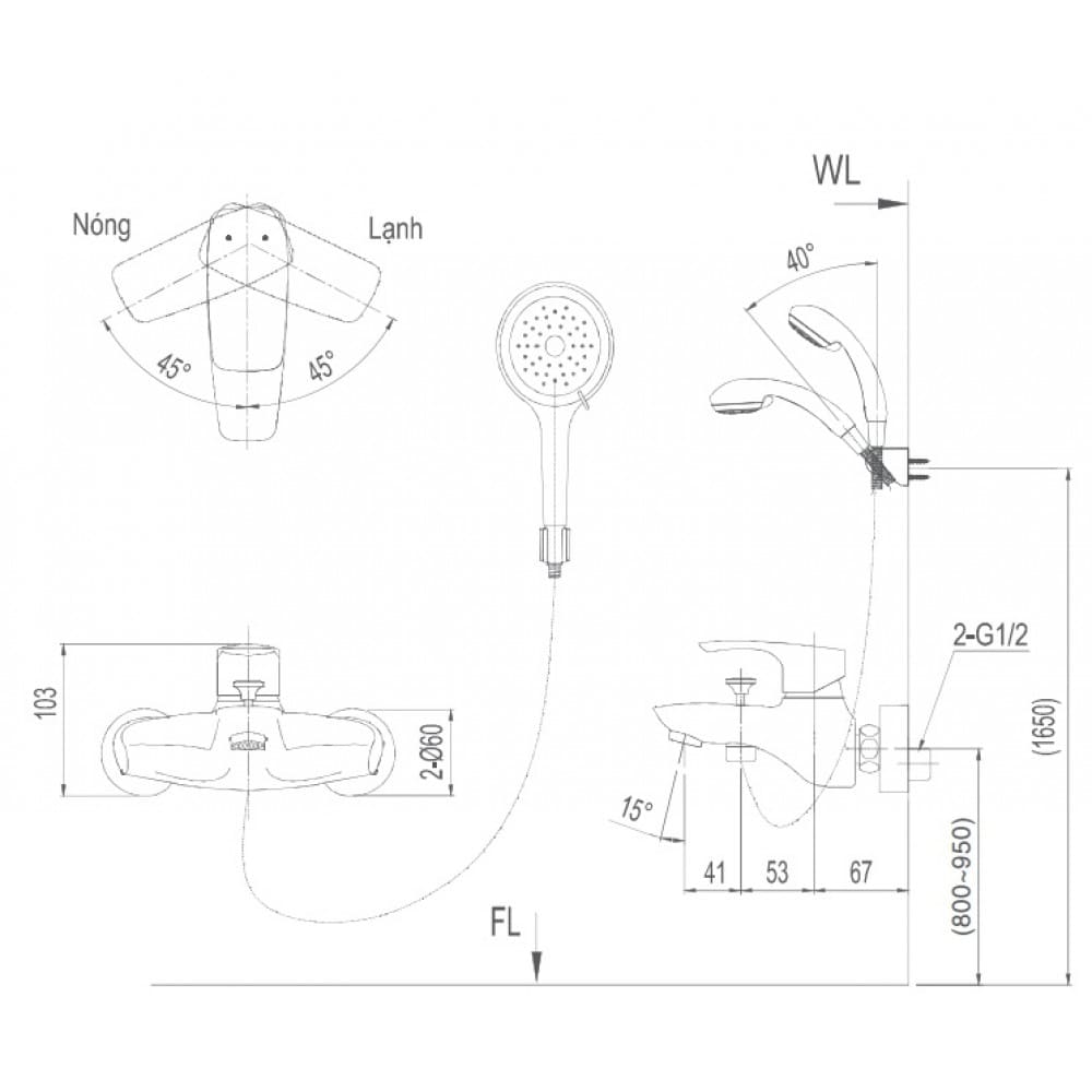 Bản vẽ kỹ thuật Sen tắm nóng lạnh INAX BFV-213S-1C
