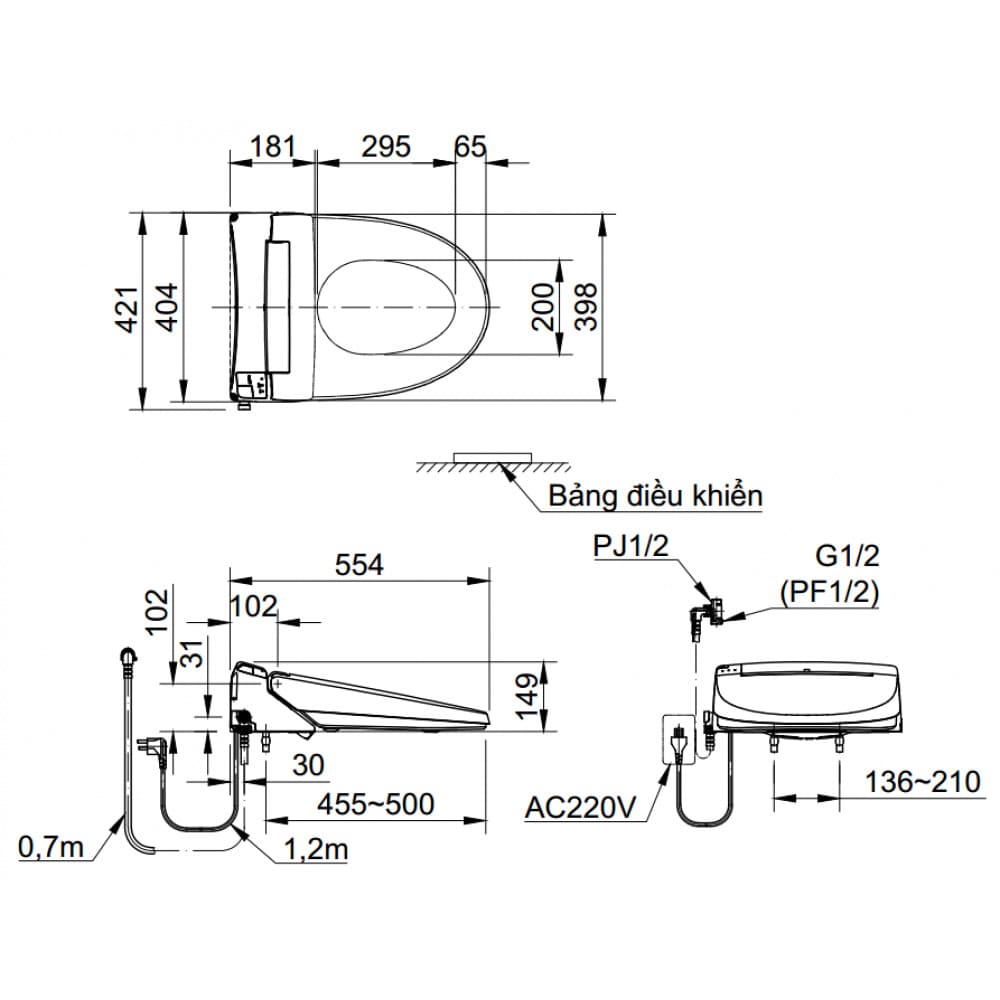 Bản vẽ kỹ thuật Nắp bàn cầu điện tử Inax CW-KA22AVN