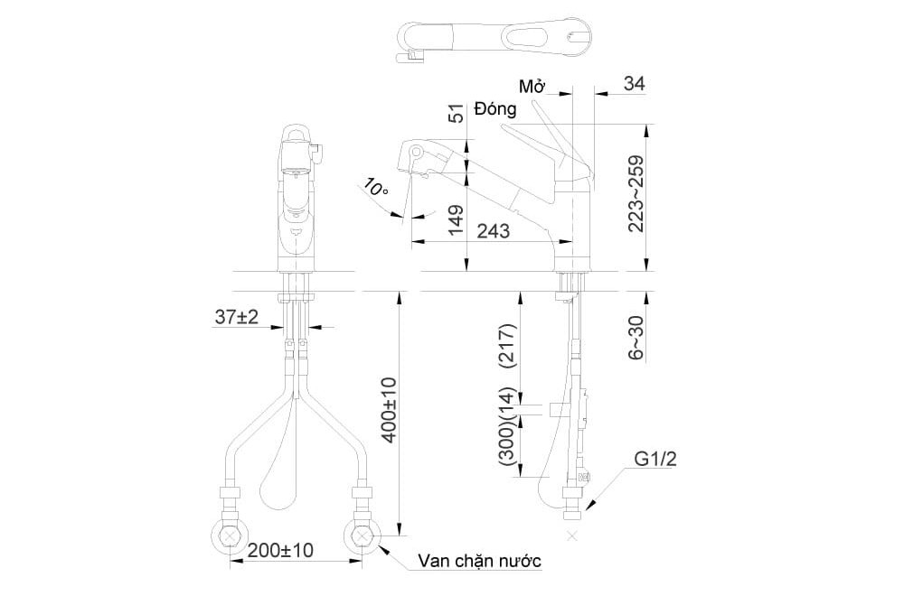 bản vẽ kỹ thuật Vòi rửa bát nóng lạnh gắn chậu INAX JF-AB466SYX (JW)