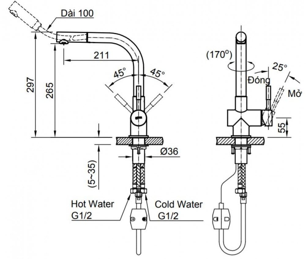 bản vẽ kỹ thuật Vòi rửa bát nóng lạnh gắn chậu INAX SFV-1013SX