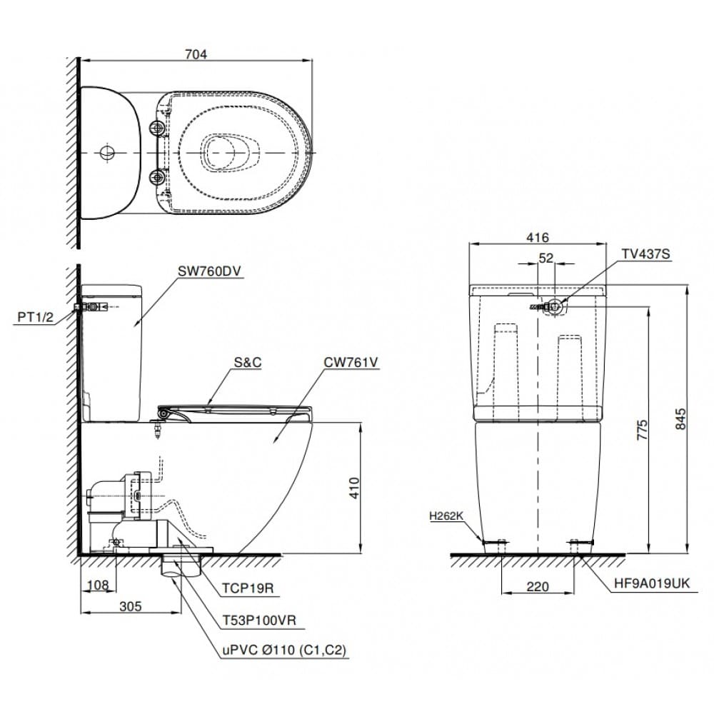 bản vẽ kỹ thuật Bàn Cầu TOTO CS761DW8 Nắp Điện Tử Washlet