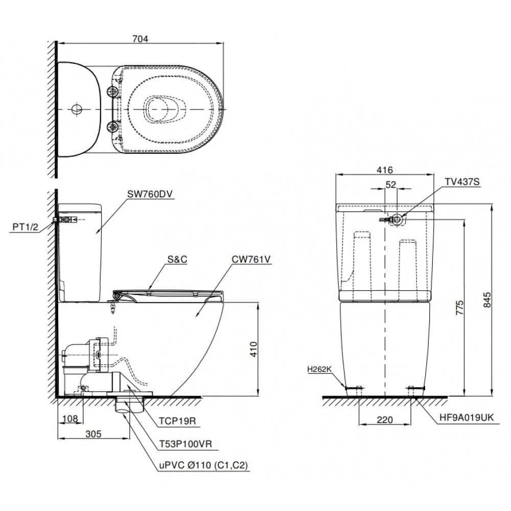 bản vẽ kỹ thuật Bàn Cầu TOTO CS761DW8 Nắp Điện Tử Washlet