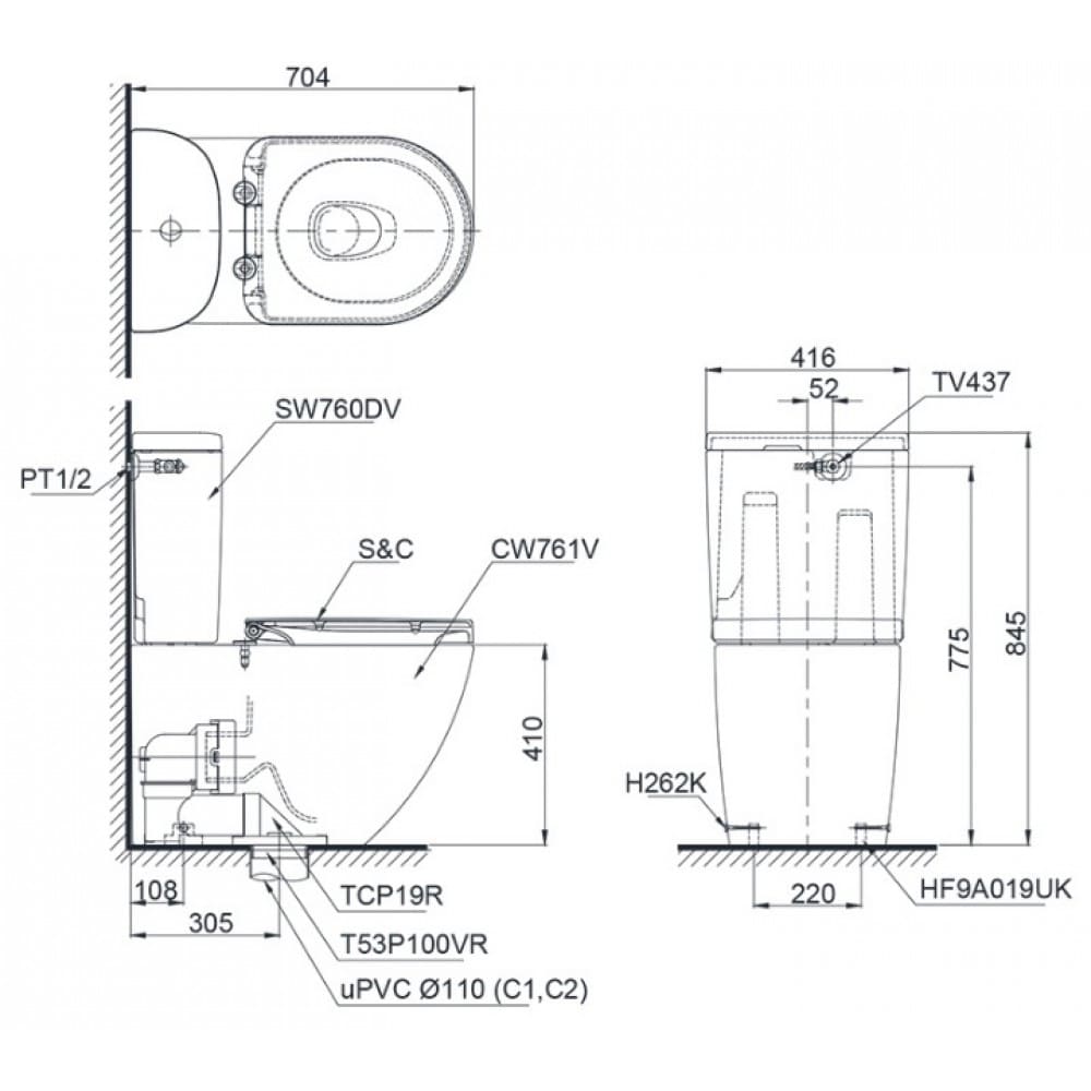 Bản vẽ kỹ thuật Bàn Cầu TOTO CS761DW5 Nắp Điện Tử Tự Động
