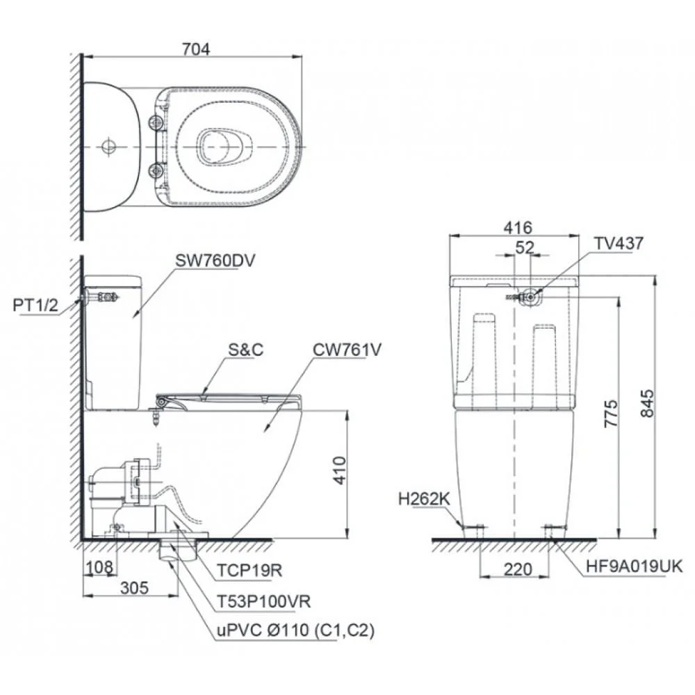 Bản vẽ kỹ thuật Bàn Cầu TOTO CS761DW5 Nắp Điện Tử Tự Động