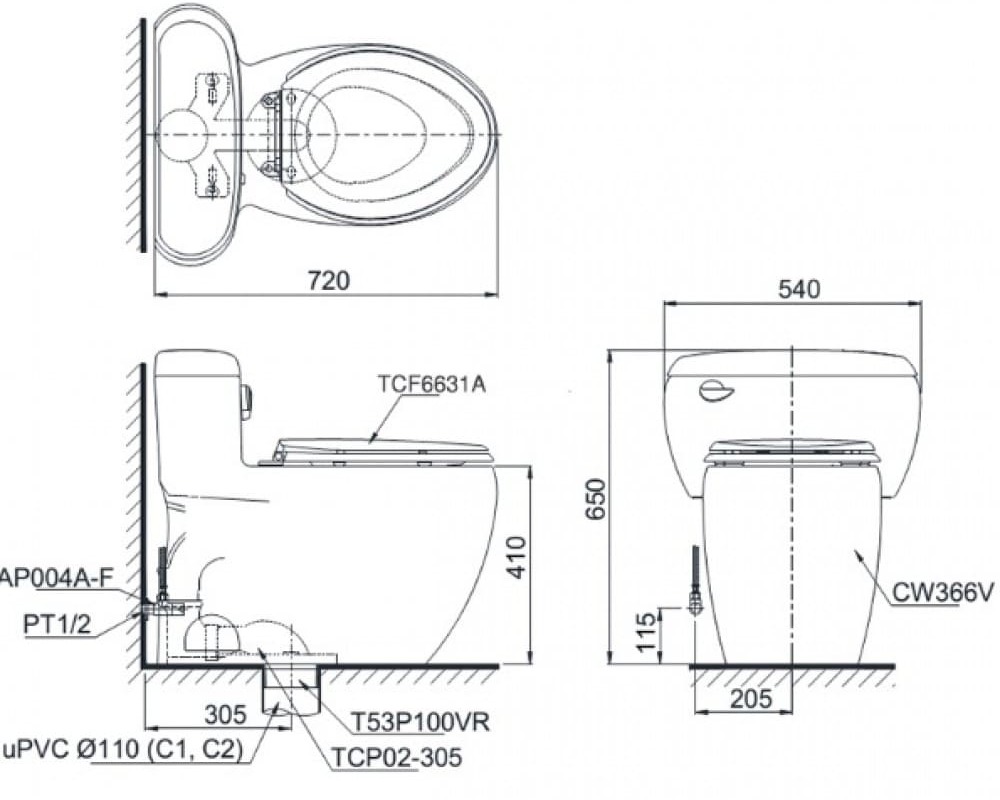 Bản vẽ kỹ thuật Bàn Cầu Điện Tử TOTO MS366W7 Nắp Rửa Washlet
