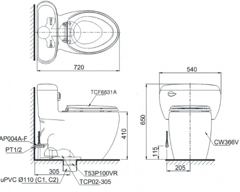 Bản vẽ kỹ thuật Bàn Cầu Điện Tử TOTO MS366W7 Nắp Rửa Washlet