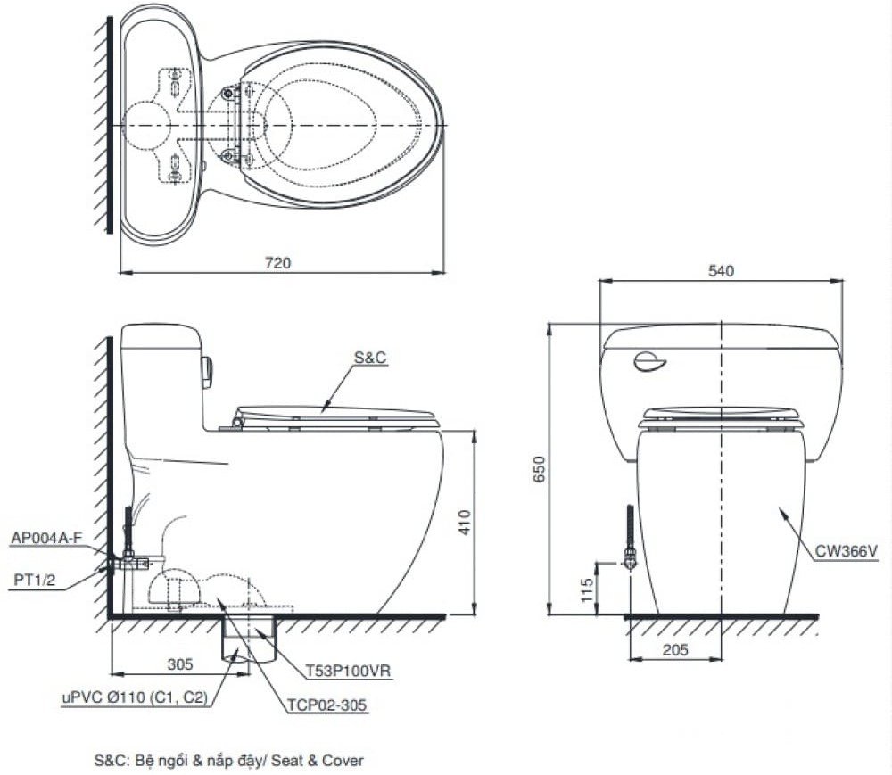 Bản vẽ kỹ thuật Bàn Cầu 1 khối TOTO MS366W11