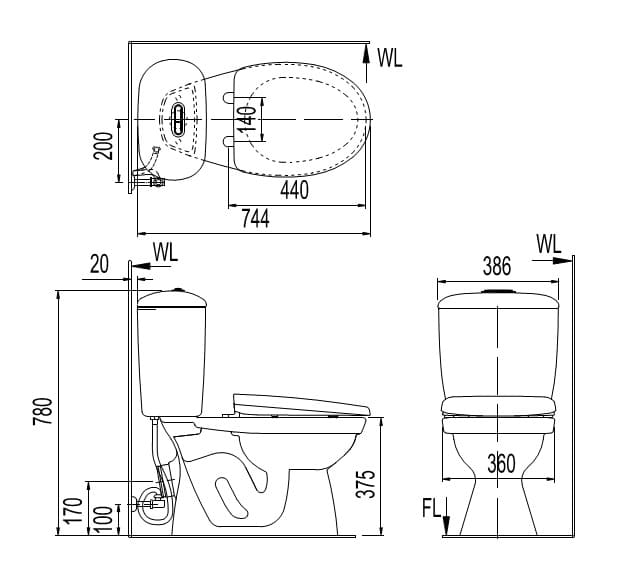 Bản vẽ kỹ thuật Bàn Cầu 2 Khối Thoát Ngang Nắp Thường Inax C-306VPTN