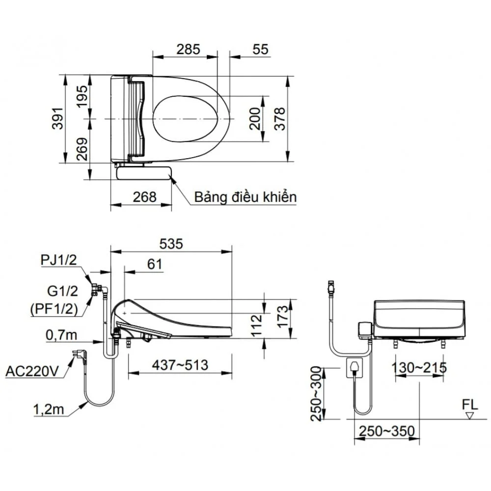 Hình ảnh bản vẽ kỹ thuật Nắp bàn cầu điện tử Inax CW-H18VN