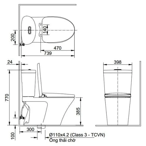 Bản vẽ kỹ thuật Bồn Cầu INAX AC-700A/CW-S32VN Nắp Rửa Cơ