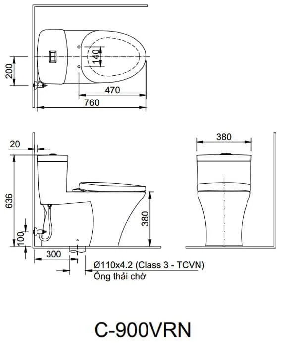 bản vẽ kỹ thuật Bồn Cầu INAX AC-900R/CW-S32VN Nắp Rửa Cơ