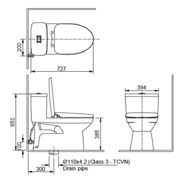 bản vẽ kỹ thuật Bồn Cầu INAX AC-969A/CW-S15VN Nắp Rửa Cơ