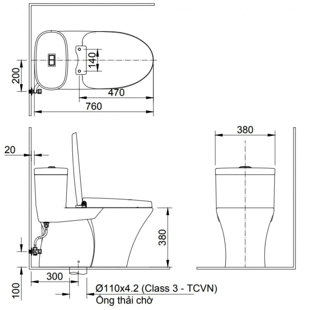 Bản vẽ kỹ thuật Bồn cầu 1 Khối nắp rửa điện tử Inax AC-959A+CW-KB22AVN