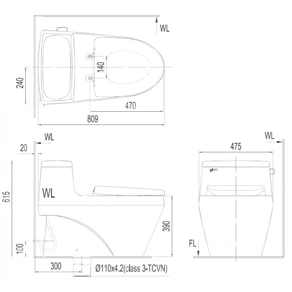 bản vẽ kỹ thuật Bồn Cầu INAX AC-1135/CW-S15VN Nắp Rửa Cơ