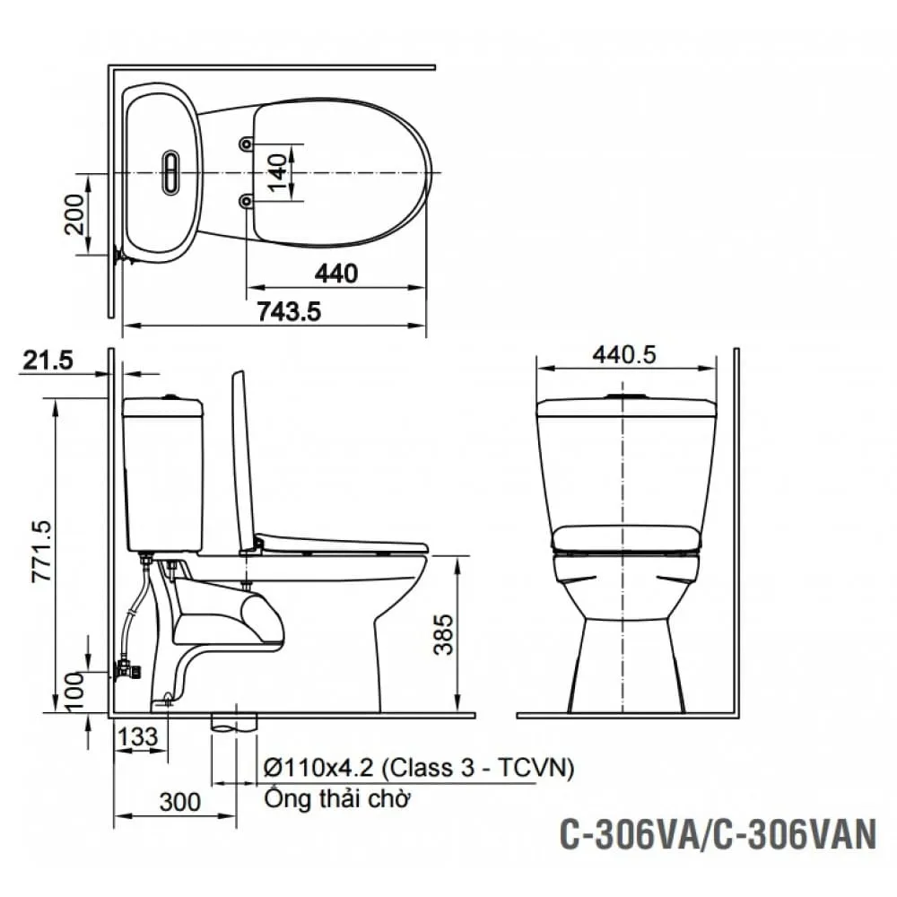 Bản vẽ kỹ thuật Bàn cầu 2 khối nắp êm INAX C-306VAN